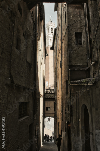 Fototapeta Naklejka Na Ścianę i Meble -  Alley leading to the Piazza del Campo and Torre del Mangia, Siena, Italy