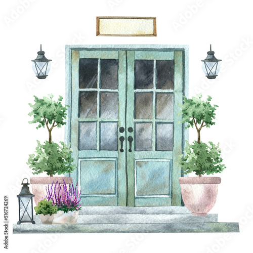 Doors with flowers, cozy porch, front door decor watercolor illustration