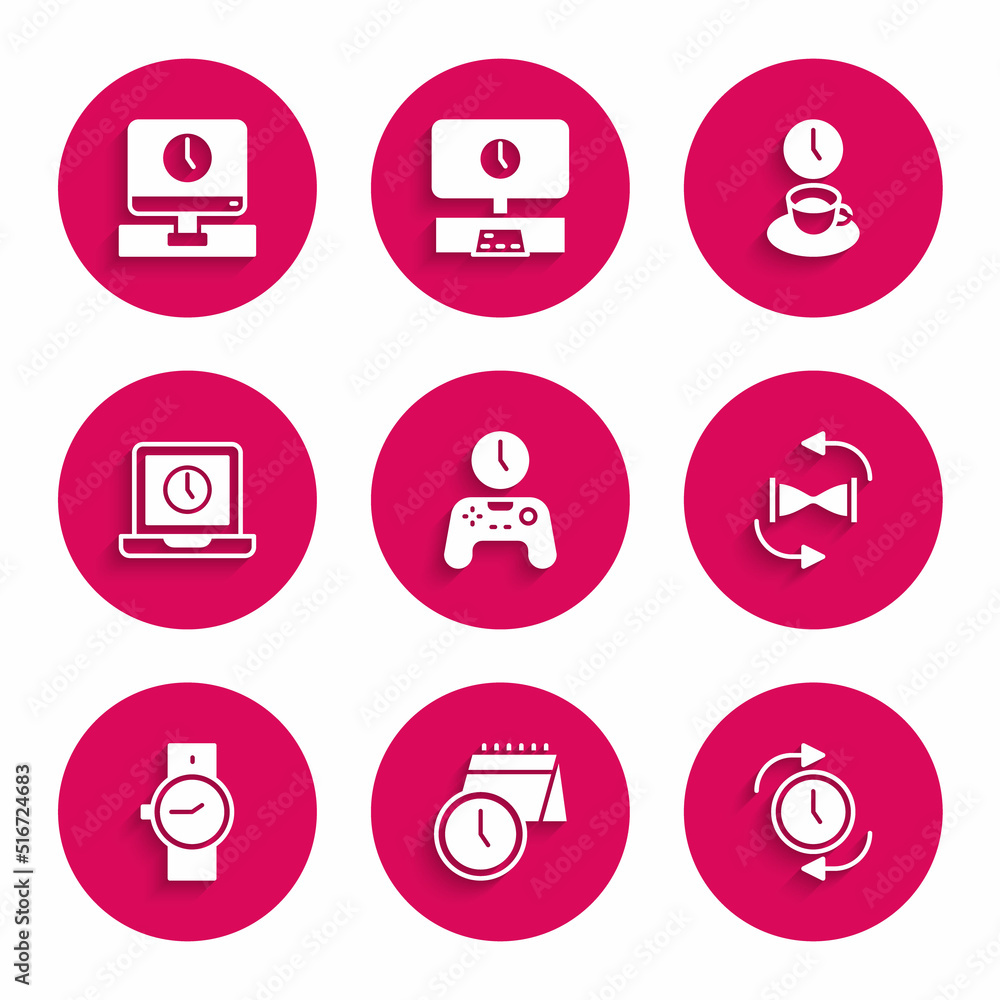Set Gamepad of time, Calendar and clock, Clock with arrow, Old hourglass sand, Wrist watch, Laptop, Coffee and Monitor icon. Vector Set Gamepad of time, Calendar and clock, Clock with arrow, Old hourglass sand, Wrist watch, Laptop, Coffee and Monitor icon. Vector