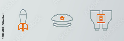 Set line Binoculars, Rocket launcher and Military beret icon. Vector