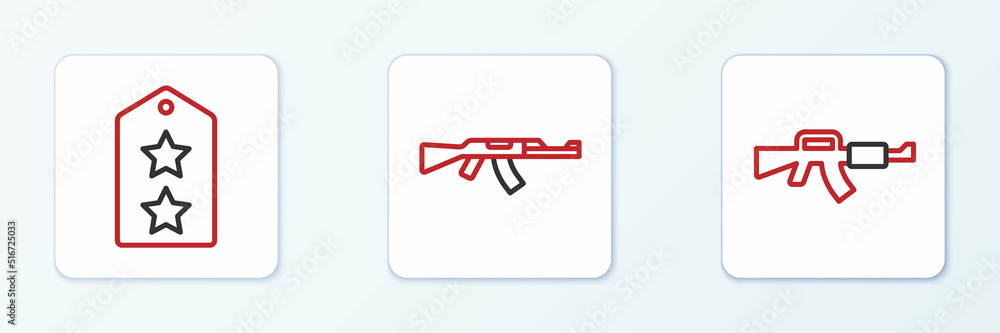 Set line M16A1 rifle, Military rank and Submachine gun icon. Vector Set line M16A1 rifle, Military rank and Submachine gun icon. Vector