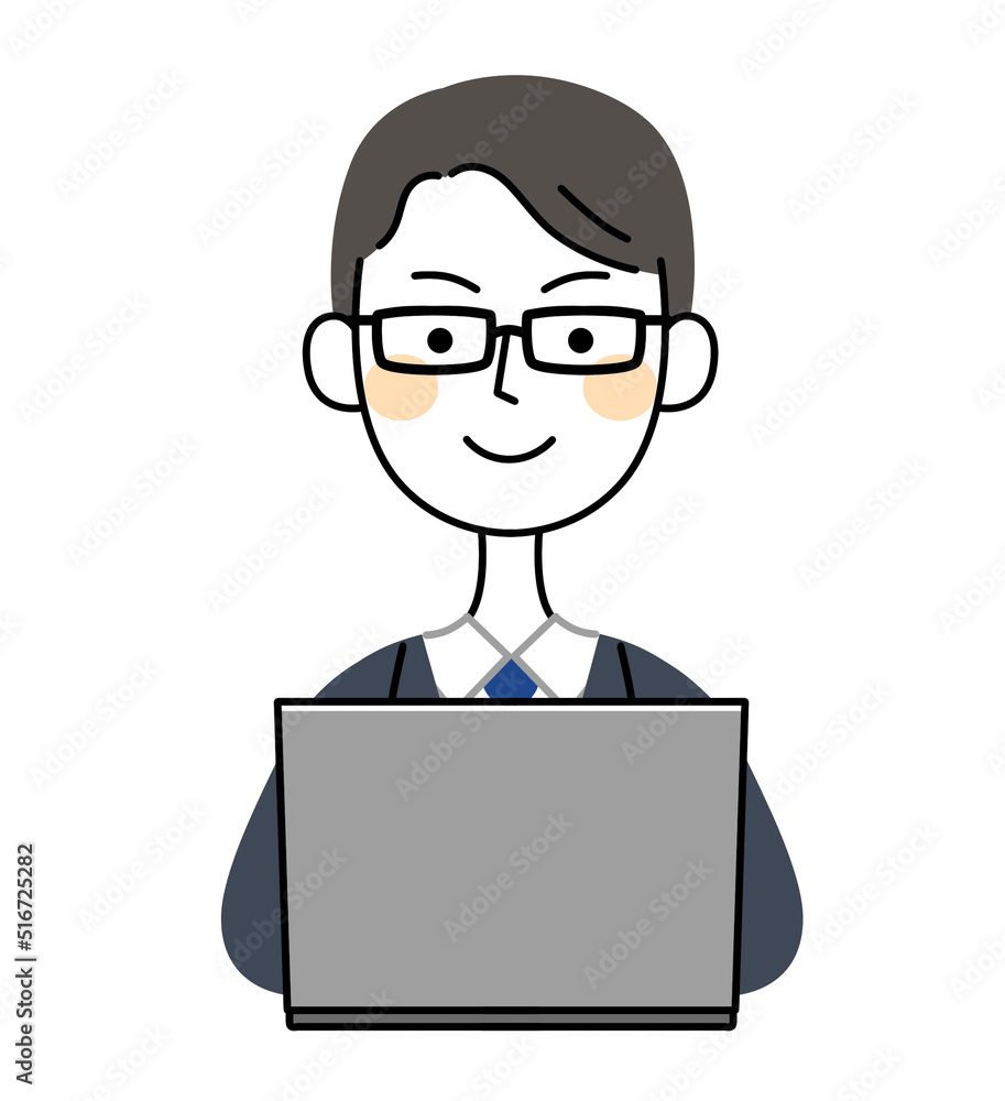 パソコンを操作する眼鏡のビジネスマン　イラスト素材