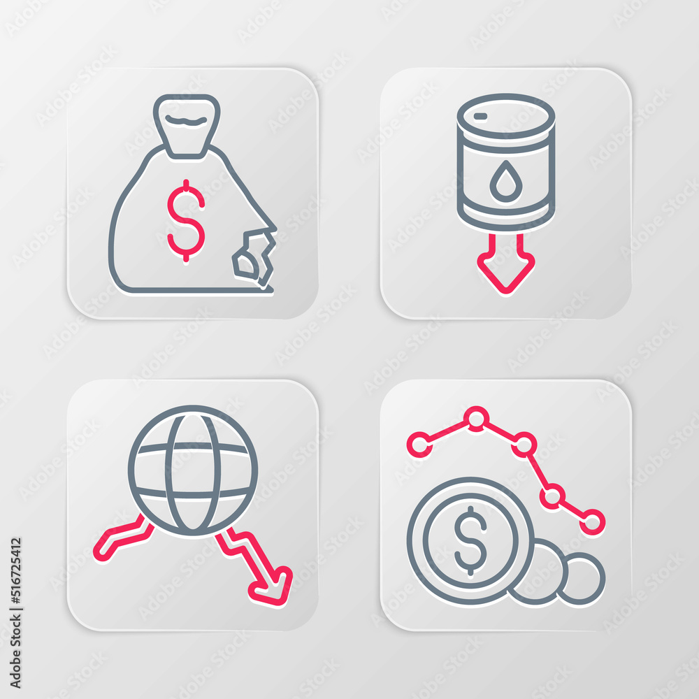Set line Dollar rate decrease, Global economic crisis, Drop in crude oil price and Money bag icon. Vector Set line Dollar rate decrease, Global economic crisis, Drop in crude oil price and Money bag icon. Vector