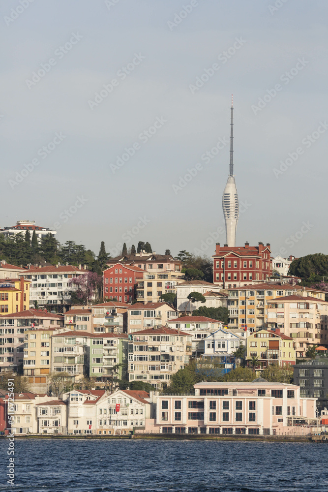 Asian part of Istanbul city and Camilla hill with modern TV tower. View from a cruise ship on Bosporus Strait. Istanbul, Turkey