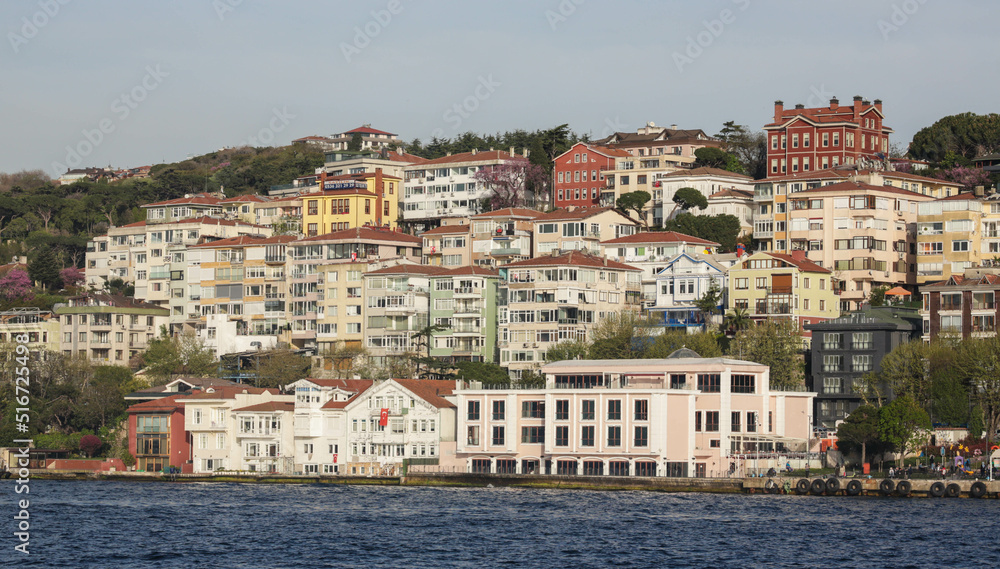 View of a district in Asian part of Istanbul. View from a cruise ship on Bosporus Strait. Istanbul, Turkey