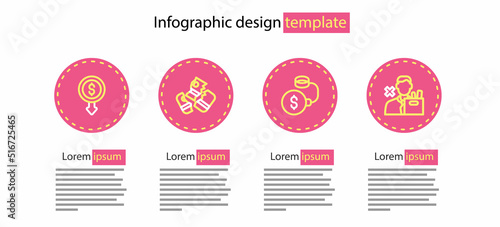 Set line Debt ball chained to coin, Employee dismissal, Credit card and Dollar rate decrease icon. Vector