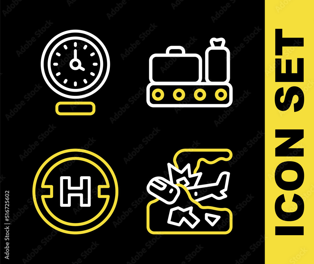 Set line Conveyor belt with suitcase, Plane crash, Helicopter landing pad and Clock icon. Vector Set line Conveyor belt with suitcase, Plane crash, Helicopter landing pad and Clock icon. Vector