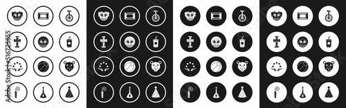 Set Unicycle or one wheel bicycle, Clown head, Attraction carousel, Paper glass with water, Circus ticket, Bear and Juggling ball icon. Vector