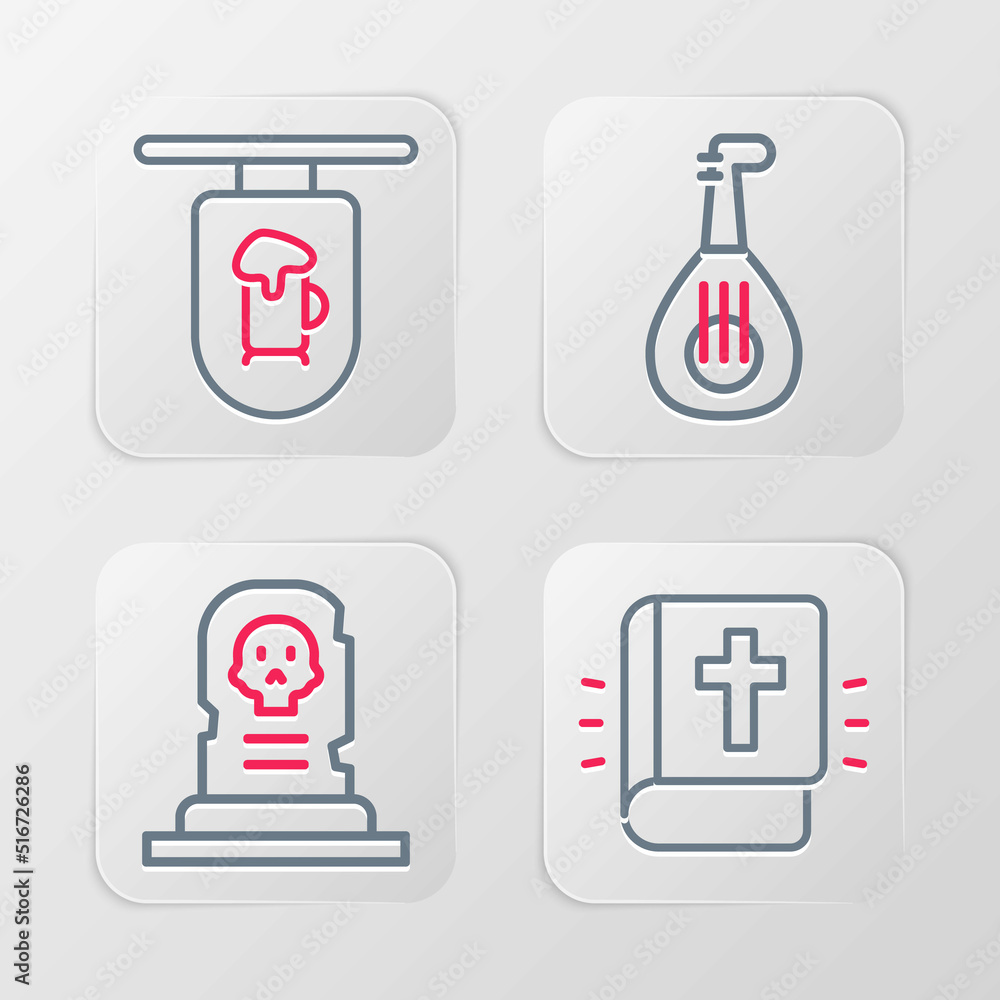 Set line Holy bible book, Grave with tombstone, Lute and Street signboard Bar icon. Vector Set line Holy bible book, Grave with tombstone, Lute and Street signboard Bar icon. Vector