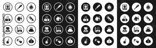 Set Murder, Grave with tombstone, Wanted poster, Police electric shocker, Baseball bat nails, Wallet and Kidnaping icon. Vector