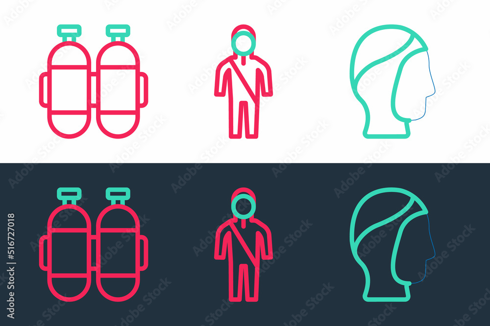 Set line Diving hood, Aqualung and Wetsuit for scuba diving icon. Vector Set line Diving hood, Aqualung and Wetsuit for scuba diving icon. Vector