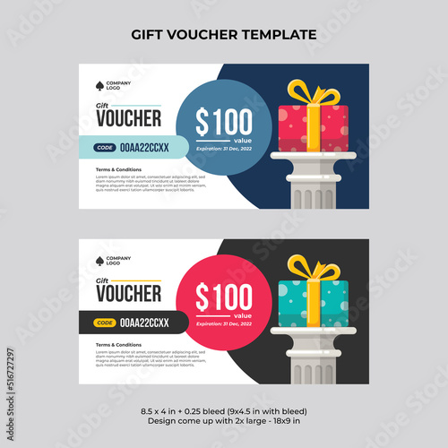 Gift voucher template with gift box and flat design, coupon design template