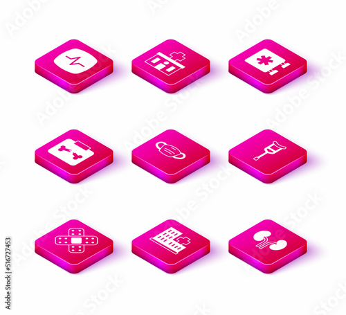 Set Crossed bandage plaster, Hospital building, X-ray shots with broken bone, Medical protective mask, Human kidneys, Crutch or crutches, Emergency Star of Life and icon. Vector