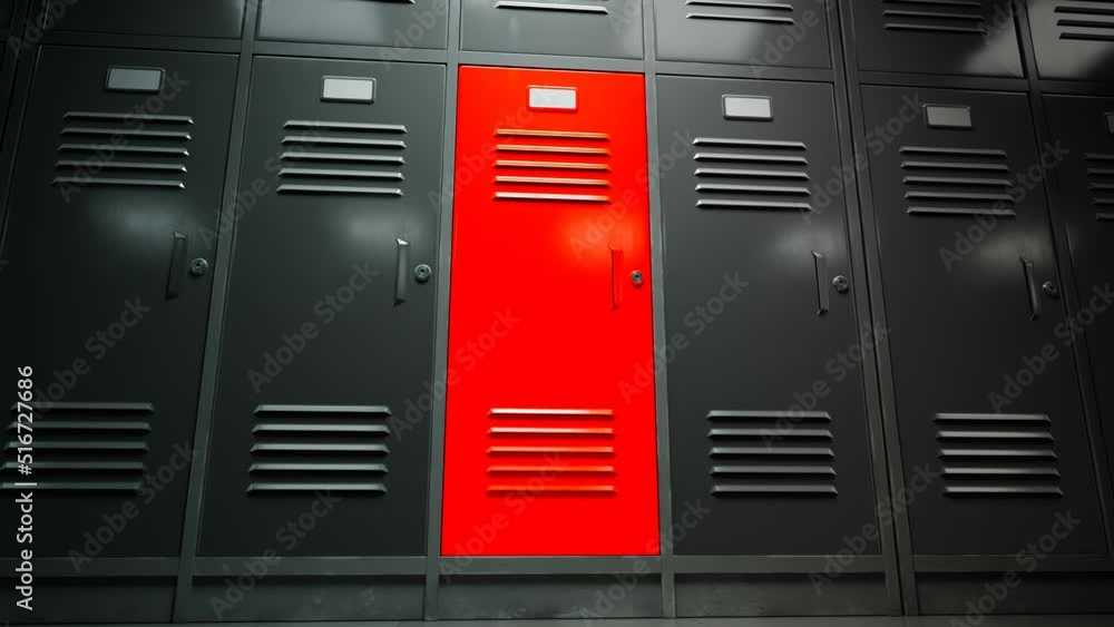 Single, unique, red, metal locker on a school corridor. Different colour. 4K Single, unique, red, metal locker on a school corridor. Different colour. 4K