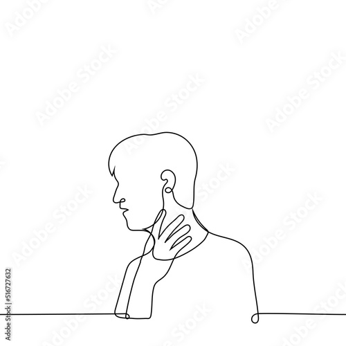 man holding his neck - one line drawing vector. sore throat concept