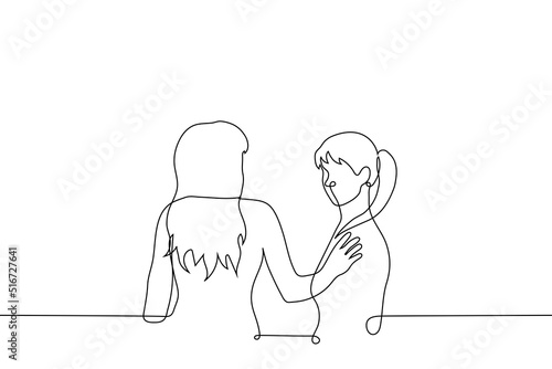 woman put her hand on her friend's shoulder - one line drawing vector. concept female solidarity, female friendship, comfort and psychological support