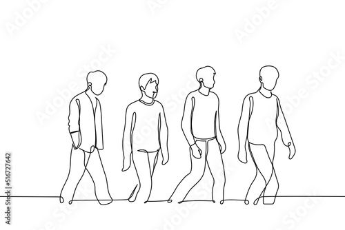 group of young men (students) walk in the same direction separately - one line drawing vector. concept quartet of friends go together