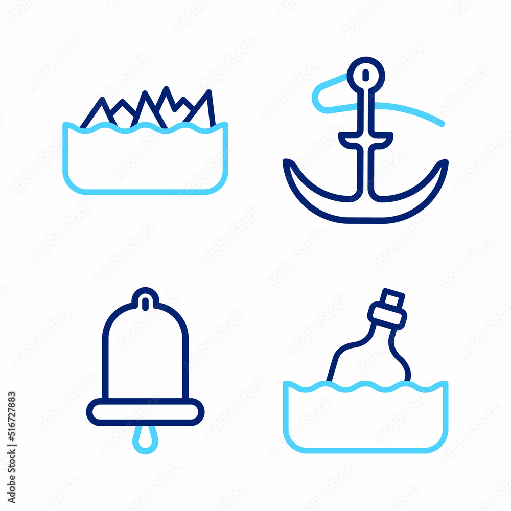 Set line Bottle with message in water, Ship bell, Anchor and Sharp stone reefs icon. Vector Set line Bottle with message in water, Ship bell, Anchor and Sharp stone reefs icon. Vector