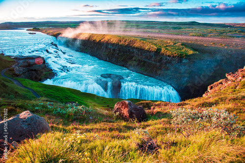 Obraz na płótnie Magical charming bright colorful landscape with a famous Gullfoss waterfall in the sunrise in Iceland. Exotic countries. Amazing places. Popular tourist atraction. (Meditation, antistress - concept). w salonie