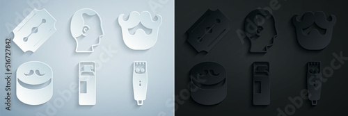 Set Shaving gel foam, Mustache and beard, Gel or wax for hair styling, Hair clipper, Baldness and Blade razor icon. Vector