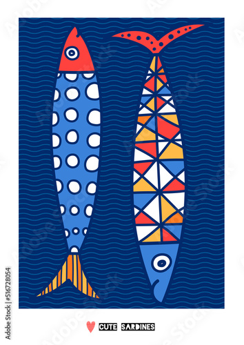 Cute colorful decorative sardine poster.