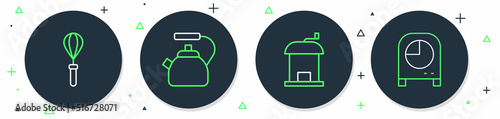 Set line Kettle with handle, Manual coffee grinder, Kitchen whisk and timer icon. Vector