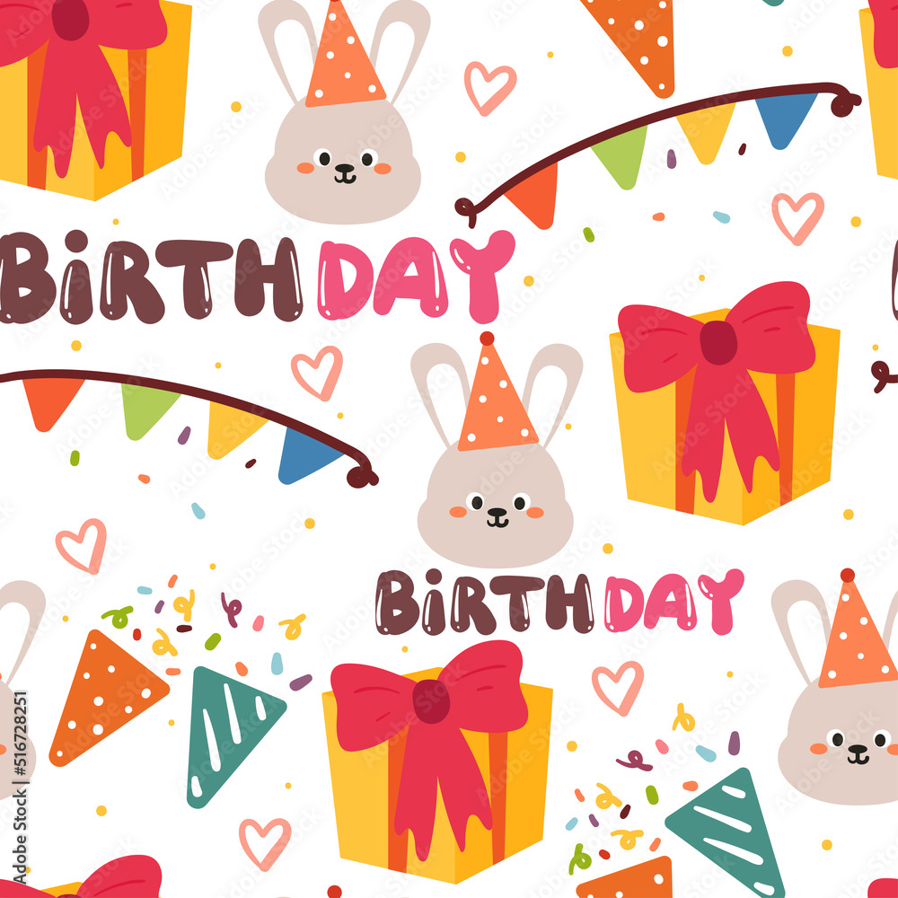 Fototapeta premium seamless pattern birthday party with bunny and gift. cute birthday wallpaper for kids, gift wrap paper