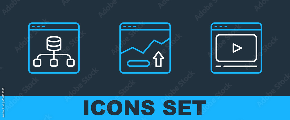 Set line Online play video, Server, Data and Financial growth increase icon. Vector Set line Online play video, Server, Data and Financial growth increase icon. Vector