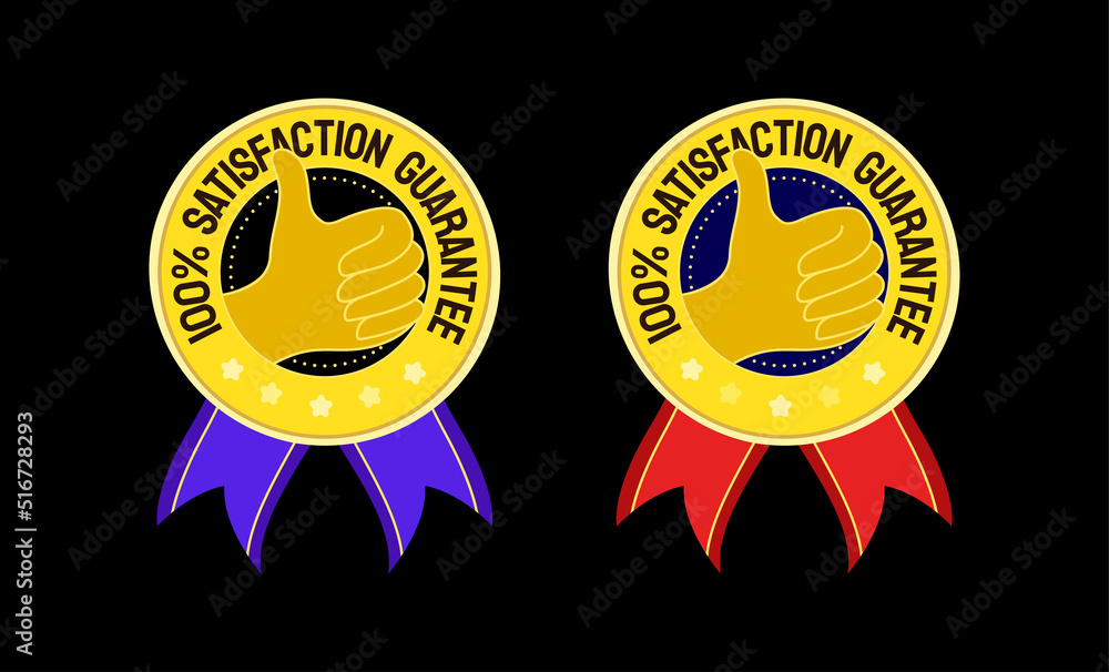 Fototapeta premium Like thumb up badge with ribbon with hand icon. 100 satisfaction premium quality customer feedback label.