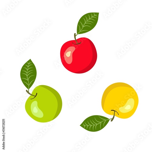 Vecotr illustration of bunch of colorful apples red green yellow on stem with leaf. Healthy plant based diet vitamins fall harvest Thanksgiving concept