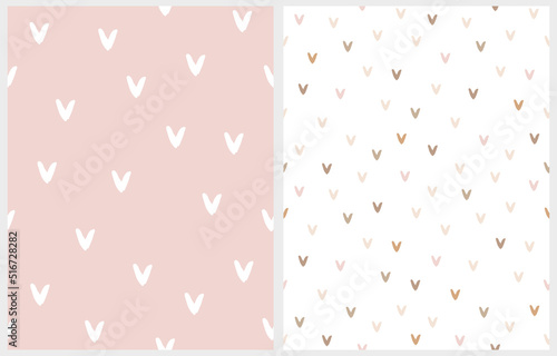 Abstract Hand Drawn Childish Style Romantic Vector Patterns. Simple Brush Hearts on Pastel Pink and White Background. Modern Geometric Seamless Pattern. Irregular Freehand Print ideal for Fabric.