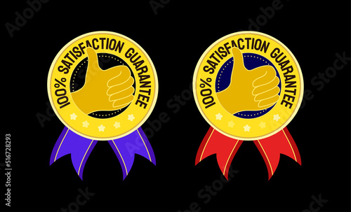 Like thumb up badge with ribbon with hand icon. 100 satisfaction premium quality customer feedback label.