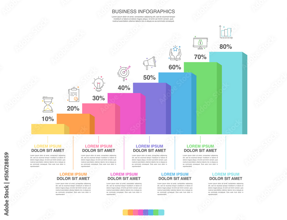 Vector creative infographic of columns bar chart with eight options. Modern comparison business table isolated on transparent background. Design timeline with data slide template Vector creative infographic of columns bar chart with eight options. Modern comparison business table isolated on transparent background. Design timeline with data slide template