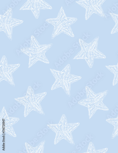 Abstract Hand Drawn Childish Style Starry Vector Pattern. Simple Brush Stars on Pastel Blue Background. Modern Geometric Seamless Pattern. Irregular Freehand Night Sky Print ideal for Fabric, Textile.