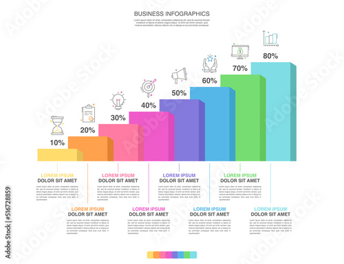 Vector creative infographic of columns bar chart with eight options. Modern comparison business table isolated on transparent background. Design timeline with data slide template