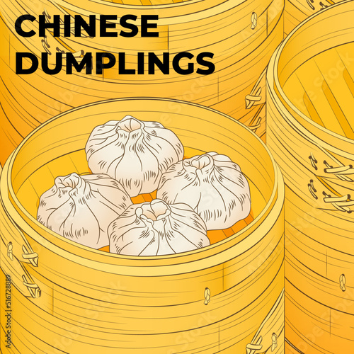 Chinese dumplings. Menu design template. Vector illustration. Chinese dumplings and buns in a traditional bamboo steamer
