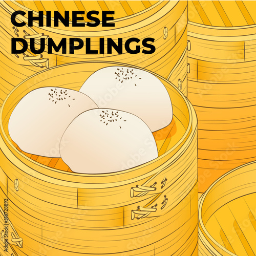 Chinese dumplings. Menu design template. Vector illustration. Chinese dumplings and buns in a traditional bamboo steamer
