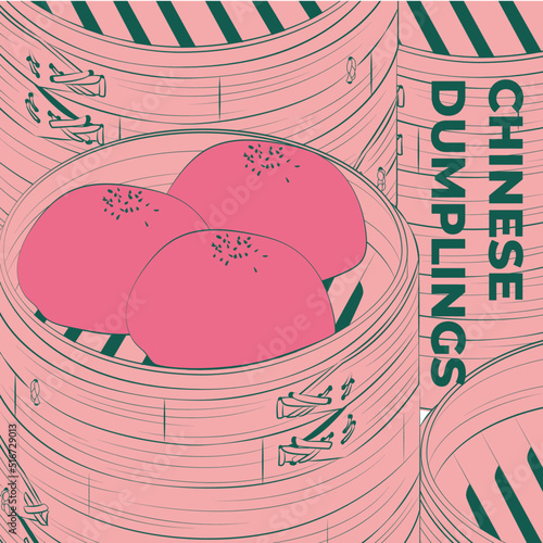 Chinese dumplings. Menu design template. Vector illustration. Chinese dumplings and buns in a traditional bamboo steamer