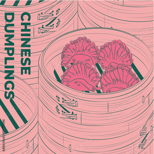 Chinese dumplings. Menu design template. Vector illustration. Chinese dumplings and buns in a traditional bamboo steamer