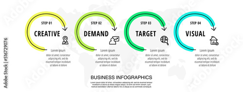 Modern hand-drawn vector infographics with 4 circles and arrows. Concept chart process template with four steps and symbols. Sketch timeline for business project on white background