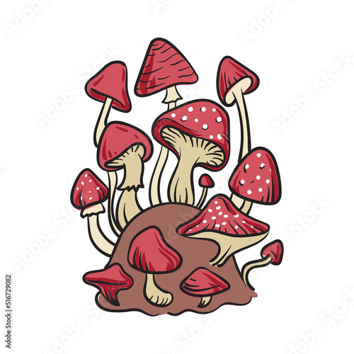 Fly agaric mushrooms on a stump. Vector engraving in color on an isolated white background.