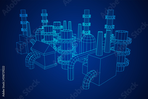 Industrial building factorie facilitie power plant. Wireframe low poly mesh