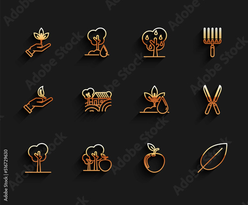 Set line Tree, with apple, Plant in hand of environmental protection, Apple, Leaf, Farm House concept, Gardening handmade scissors for trimming and Watering plant icon. Vector