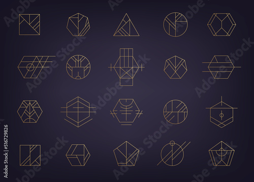 Vector set of golden luxury art deco logos, gold geometric abstract icons. Linear modern style. Circle, triangle, polygon linear shapes. Aztec, magic, esoteric icons, sacred geometry.