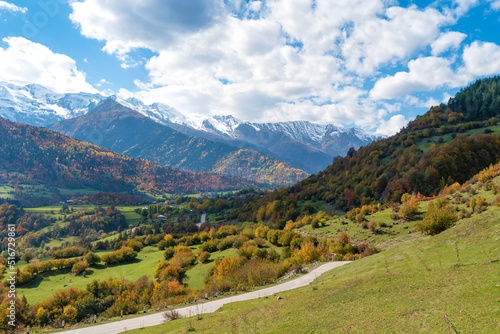 Beautiful autumn landscape of the Caucasus mountains  serpentine on a sunny day  Svaneti  Georgia