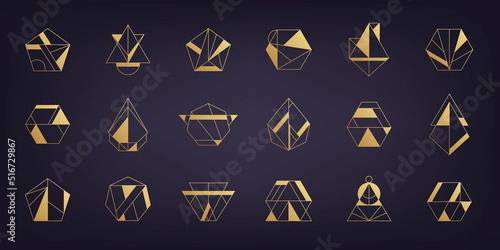 Vector set of golden luxury art deco logos, gold geometric abstract icons. Linear modern style. Circle, triangle, polygon linear shapes. Aztec, magic, esoteric icons, sacred geometry.