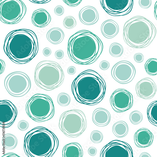 Vector organic background with big and small dots, and scribble lines in green colors. Doodle round abstract seamless pattern. Hand drawn shapes.
