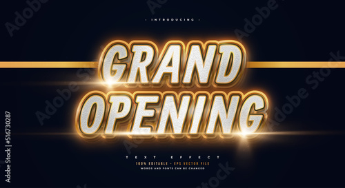 Grand Opening Text in White and Gold Style with Texture and Glowing Effect