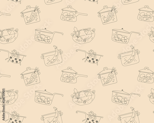 Seamless pattern of saucepans with cooking food  for restaurants, kitchen interiors and chefs aprons