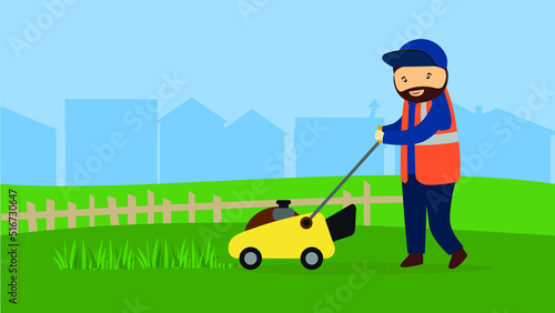 Utility worker mows grass lawn